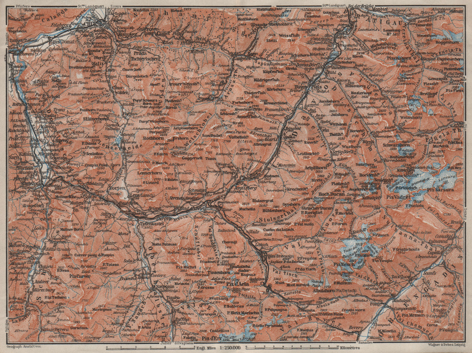 GRAUBÜNDEN/ALBULA ALPS. Chur-Samedan. Arosa Lenz Davos Savognin Thusis 1909 map